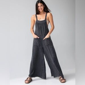 NATURAL LIFE Charcoal Cotton Gauze Wide-Leg Overalls Jumpsuit